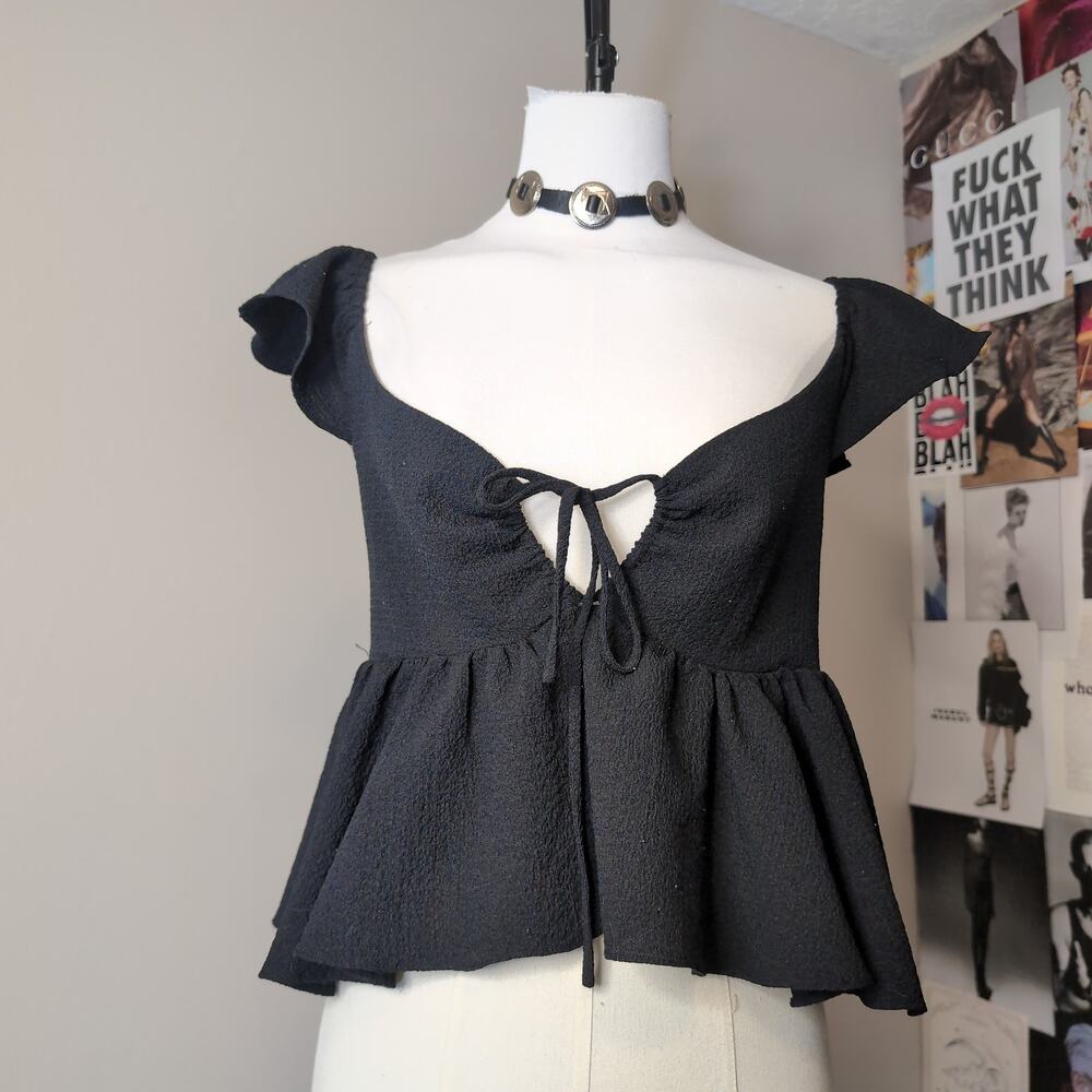 Black Crepe Ruffle Sleeve Peplum Top